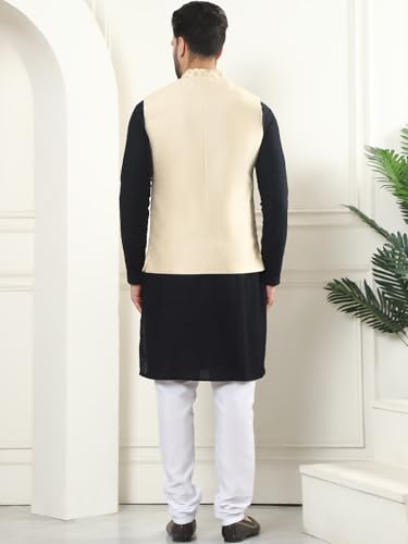 Image of SOJANYA (Since 1958 Men's Cotton Linen Maroon Kurta and White Pyjama with Mustard Cotton Nehru Jacket