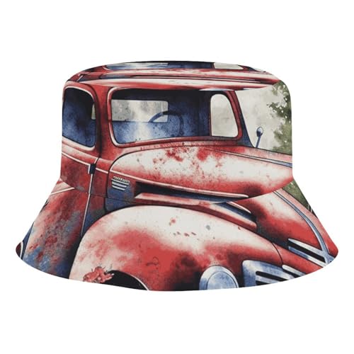 20.5in Fisherman Hats Patriotic Old Red Truck Sun Hat for Men Women Bucket Hat Boonie Cap Travel Summer Beach Hats Black