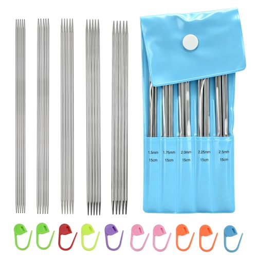 Double-Pointed Knitting Needle Set, 6 inches (15 cm), 5 Sizes (1.5/1.75/2.0/2.25/2.5 mm), 5 Needles per Set, Suitable for lace Knitting and fine Sock Knitting