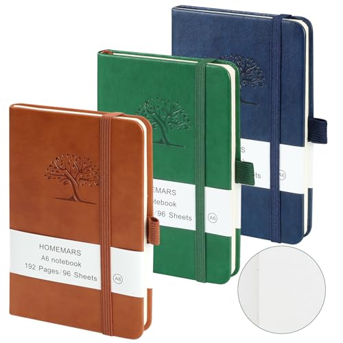 HOMEMARS Pocket Notebook, 3 Pack, Plain Notebook Pocket Notepad,14.4 cm x 9.6cm, A6 Notebook, Small Notepad, Brown, Green, Blue,80GSM, 192 Pages Each, Hardcover, Embossing Tree Design, Blank Paper