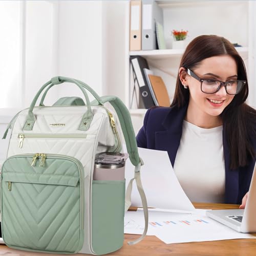 Image of VANKEAN 15.6 Inch Laptop Backpack for Women Fashion Computer Work Bag, Large Capacity Waterproof Backpack, College Daypack Business Travel (Beige-Light Green, 15.6 Inch)