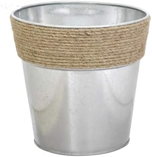 (2) Metal Bucket Vases Planter with Rope Jute Accent Rim, 5.5 in Rim x 5.5