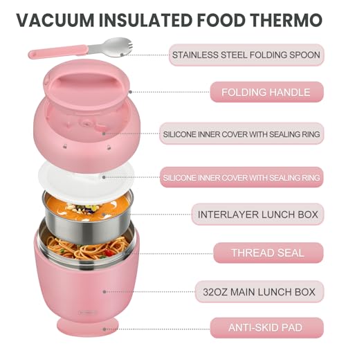 Image of wiwens Thermo Food Jar for Hot Food Adults 32OZ Soup Thermo Lunch Containers Wide Mouth Vacuum Insulated Stainless Steel Leakproof Bento Box with Spoon