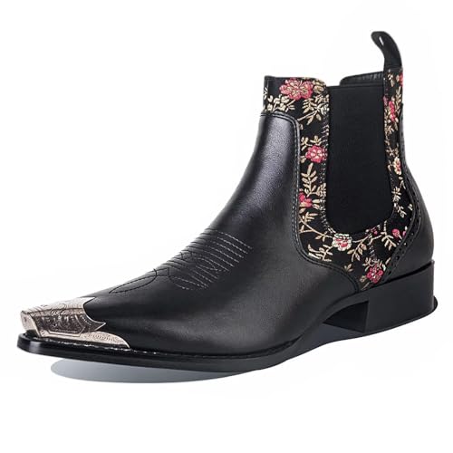 Men's Chelsea Boots with Floral Jacquard Fabric and Silver Toe Cap Slip On Dress Boots for Stage, Party, Fashion, Casual, Stylish Shoes