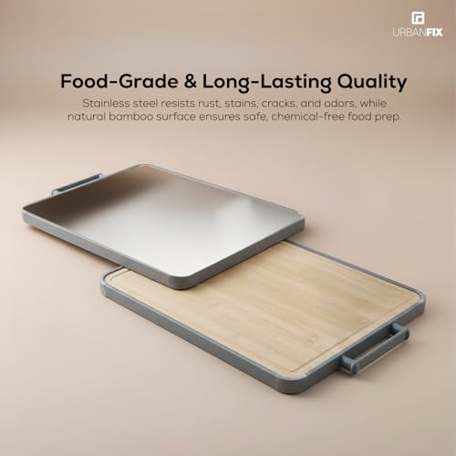 Image of 2-in-1 Chopping Board for Kitchen | Stainless Steel & Bamboo Cutting Board | Hygienic Dual-Sided Board for Meat, Vegetables & Fruits | Rust-Proof, Easy to Clean (41 x 31cm)