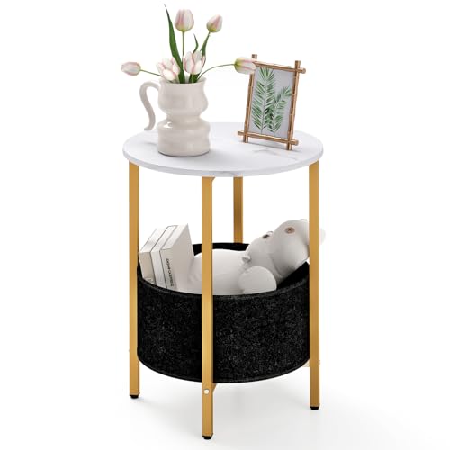 COSTWAY Small Round Side Table, 2-Tier Nightstand Sofa End Table with Fabric Storage Basket, Metal Frame Wooden Coffee Snack Tea Bedside Table for Living Room and Bedroom (White Marble+Gold)
