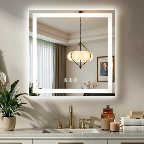 Image of 36x36 LED Bathroom Mirror with Anti-Fog, Backlit & Front Lit, Memory | Stepless Dimmable 3 Color CRI 95+ Shatterproof Tempered Glass ETL Listed for Safety Lighted Bathroom Vanity Mirror for Wall