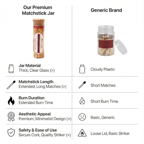 Image of Sage & Herbs Long 35 Matchsticks in a Borosilicated Cork Jar | For Fireplace, Kitchen, Home Temple | Long Burn Time Matcsticks (Red, Extra Long)