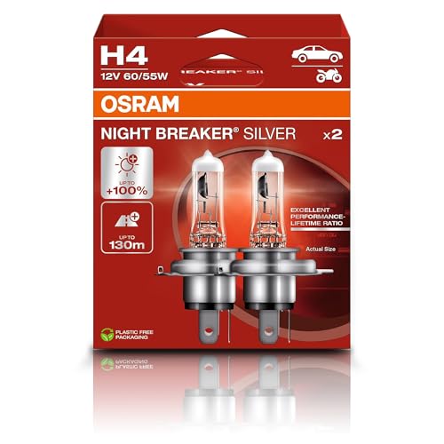 Osram NIGHT BREAKER SILVER H4 +100% mehr Helligkeit Halogen-Scheinwerferlampe 64193NBS-2HB 12V Pkw Hängebox (2 Lampen)