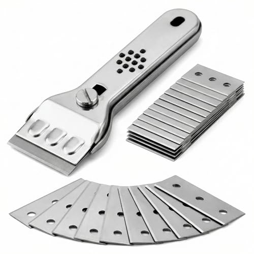 QWORK® Grattoir en INOX, Idéal pour Nettoyer les Plaques en Vitrocéramique et Induction, 20 Lames de Rechange Incluses