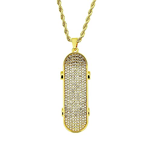 Ouvia Iced Out Skateboard Pendant Necklace Sporty Style Hip Hop Rap Punk Rock Clubs Disco Diamond Bling things for teen girls gifts for boys boys  jewelry Cuban Link chain for men women Sports Fan (Gold)