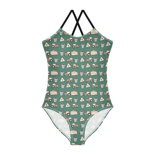 senya Girls Swimsuits One-Piece Swimwear Tie Bathing Suit Beach Summer Round Neck 7-8T Trash Can Garbage Truck Pattern