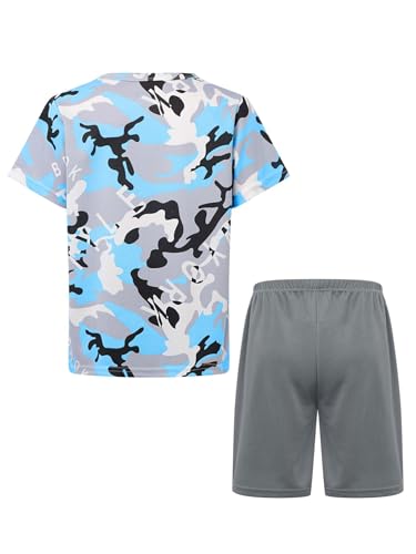 easyforever Kids Boys Sports Outfit Set Short Sleeve Camouflage Print T-shirt With Shorts For Soccer Basketball Workout Light Blue 13-14 Years2