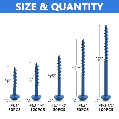 Image of 350 PCS Pocket Hole Screws Assortment Kit, 5 Sizes #8 x 1, 1-1 /4 inch, 1-1 /2 inch, 2 inch, 2-1 /2 inch,Square Drive Self Tapping Coarse Thread Wood Screws Set, Blue Coated, Drive Bit Included Suitable for Outdoor