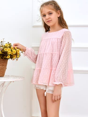 Girls Chiffon Blouses Kids Long Short Sleeve Swiss Dot Shirts Round Neck Ruffle Peplum Tops Tees Light Pink #TOP4