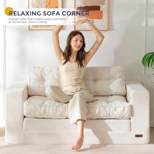 Image of MAXYOYO Convertible Sofa Bed, Pull Out Loveseat Sofa Couch, Fold Out Floor Couch with Pillows for Living Room Bedroom Lounge, Beige