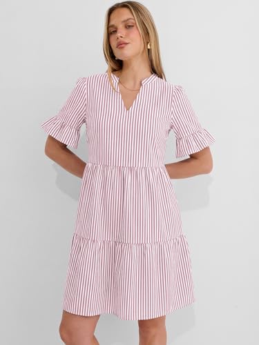 Image of Caracilia Dresses for Women Summer 2026 Striped V Neck Ruffle Sleeve A Line Tiered Flowy Casual Mini Beach Dress with Pockets