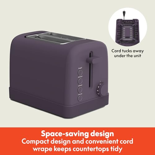 Image of bella 2 Slice Toaster, 6 Setting Shade Control w Reheat, Cancel, Bagel & Defrost Buttons, Removable Crumb Tray, Anti Jam & Auto Shutoff, Auto Centering Guides & Cord Wrap, 900 Watt, Plum