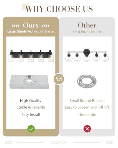 Image of 5 Light Bathroom Vanity Light, Black Light Fixture Morden Bathroom Lighting Fixtures Over Mirror Black Wall Sconces with Clear Glass Shade ZCVL01BK-5