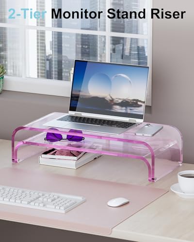 Image of Acrylic Dual Monitor Stand Riser 2 Tier, Modular Laptop Stand for Desk, Multifunctional Desktop Organizer Shelf for PC, iMac, Printer, Detachable Monitor Stand for Office or Home, Pink