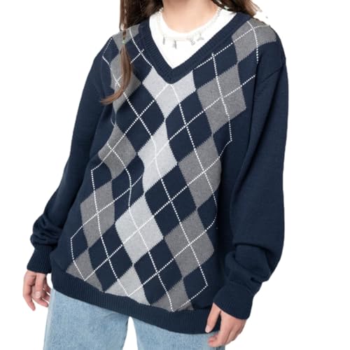 Womens Argyle Striped Sweater Preppy Oversized V Neck Pullover Sweaters Old Money Aesthetic Clothing Women