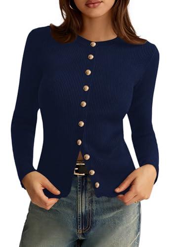 PRETTYGARDEN Womens 2026 Fall Cardigan Sweaters Lightweight Long Sleeve Button up Ribbed Knit Tops Winter Fashion Clothes (Navy Blue,Large)