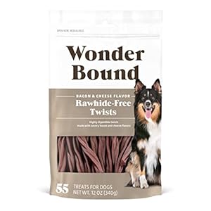 Wonder Bound Bacon & Cheese Flavor Dog Twist Sticks – 55 Count – Rawhide-Free Dog Treats, Dental Health Chews for Plaque & Tartar Control, Easy to Digest, Long-Lasting