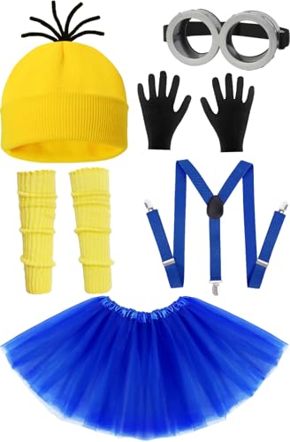HEYFIZZ 6 Pcs Adult Halloween Costume Accessories Yellow Beanie/Tutu Skirt/Stockings/Suspenders/Goggles/Gloves Cosplay Set