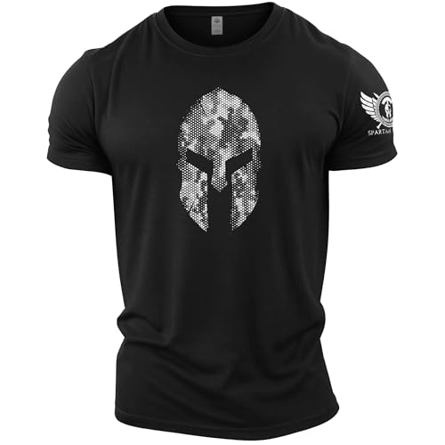 GYMTIER Spartan Helmet Hex Camo - Camiseta de gimnasio para hombre, para culturismo y levantamiento de pesas, Negro, M