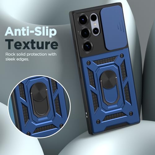 Image of Pikkme Back Cover for Samsung Galaxy S25 Ultra 5G | 360 Protection Case | Sliding Camera Shield Cover & Ring Holder Stand D10 Tough Armor Bumper Case (Blue)