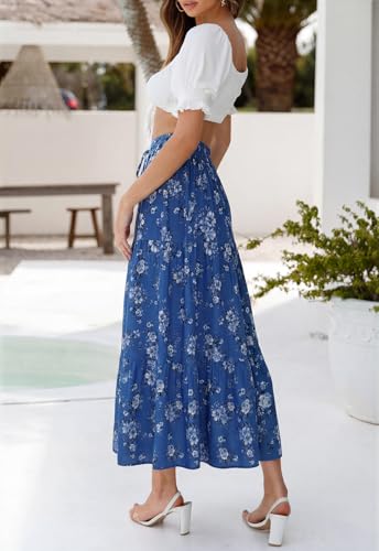 Image of ZESICA Women's 2026 Summer Bohemian Floral Printed Elastic Waist A Line Maxi Skirt with Pockets