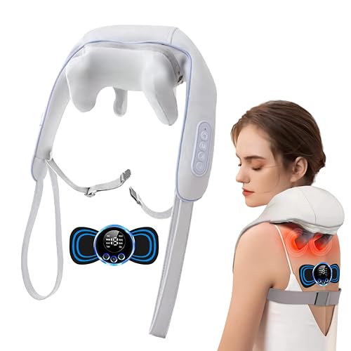 DEIMON Masajeador Cervical y Espalda con Calor – Pack 2 en 1 Shiatsu 4D + Mini Masajeador EMS, 3 Velocidades, Rotación 360°, Inalámbrico, para Casa, Oficina y Coche, Regalo Mujer Hombre