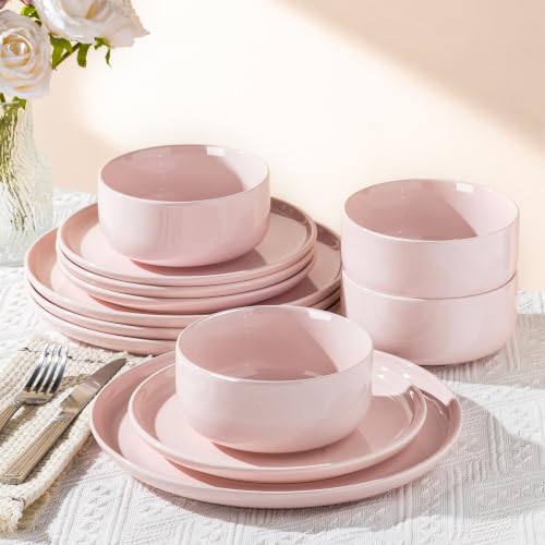 Image of TheTerra Ceramic Dinnerware Set for 4, 12-Piece Plates and Bowls Set | Handmade Reactive Glaze Dish Set, Scratch Resistant, Oven & Microwave & Dishwasher Safe, Blush Pink