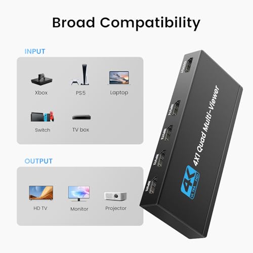 Image of 4K HDMI Multiviewer Switch 4x1, NEWCARE 4 in 1 Out Seamless HDMI Quad Multi-Viewer Switch with IR Remote,Split Screen TV Supports 5 Viewing Modes, 4k@30hz, 1080P,Downscaler, 36bit, 10.2Gbps.
