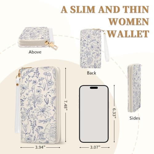 Flower Womens Wallet, RFID Blocking Wristlet Wallets for Women, Ladies Purse with Zip Around Credit Card Holder and 10 Card Slots & ID Window, Travel Large Capacity Women's Clutch Organizer Blue2