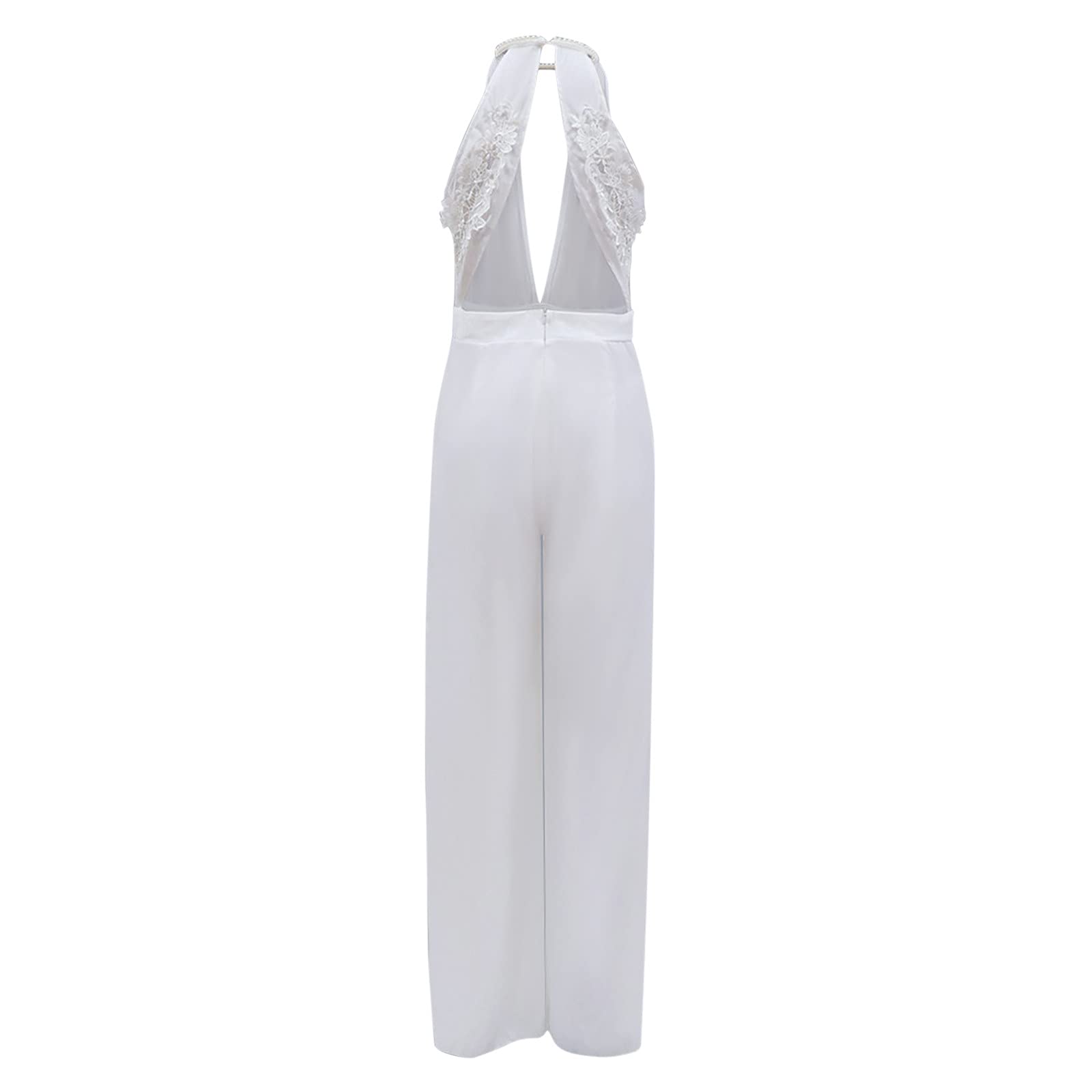 Tuta da Donna Sottile a Maniche a Halterneck Slim Open Back Sexy Scollo A V Bianche Jumpsuit Pantaloni Vestito Abito Elegante Cerimonia