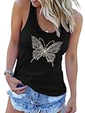 Avanova Women's Butterfly Print Rhinestone Workout Tank Tops Sleeveless T-Shirt D Black A Small