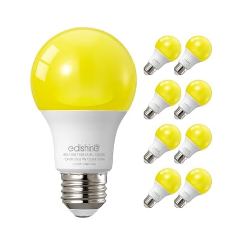 EDISHINE A19 Yellow Light Bulbs, 9W(60W Equivalent), 600LM 2400K Amber Glow Outdoor Bug Light Bulbs, Non-Dimmable, E26 Medium Base, UL Listed, 8 Pack