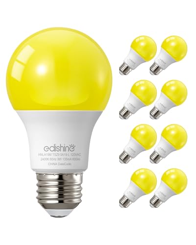 EDISHINE A19 Yellow Light Bulbs 9W(60W Equivalent) 600LM 2400K Amber Glow Outdoor Bug Light Bulbs Non-Dimmable E26 Medium Base UL Listed 8 Pack