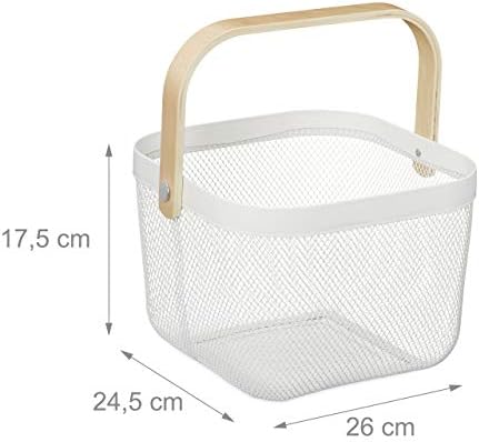 Relaxdays Storage Handle, Clothing, Decoration, Cosmetics, Steel and Wood, Utensil Basket, 17.5 x 26 x 24.5 cm, White, 1 Item