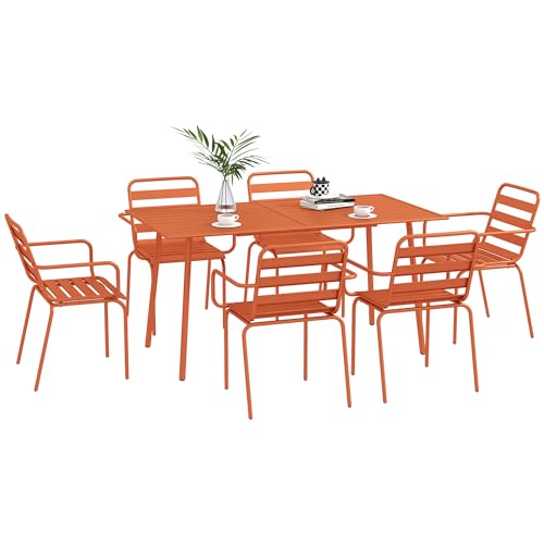 Outsunny Salon de Jardin extérieur Ensemble Salle à Manger de Jardin 7 pièces avec 1 Table et 6 chaises empilables en Acier Rouge