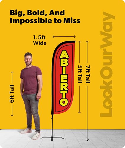Image of LookOurWay Feather Flag Set - 5ft Tall Advertising Banner Flag with Pole Kit and X-Stand for Business Promotion - Abierto