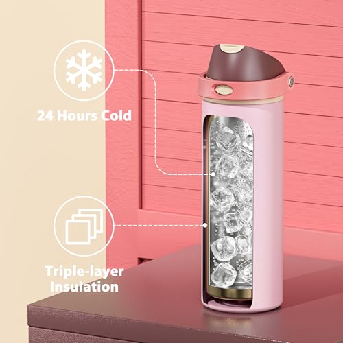 Image of 24 oz Insulated Water Bottle for Sports: Meoky Stainless Steel Water Bottle with Straw and Spout Lid - Leak Proof, Cold for 24 Hours, Fits in Car Cup Holder, BPA-Free for Women Travel, Angel Food Cake