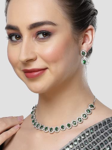 Image of Karatcart Silver Tone Green American Diamond Studded Necklace Set for Women