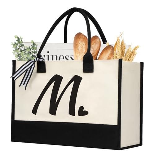 shenee Initial Canvas Tote Bag, Personalized Beach Jute Bag Present for Women Holiday, Friends Birthday Gift, Beach, Wedding (Letter M)