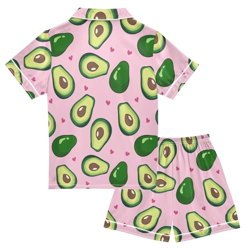 Cute Avocado Pink Hearts Summer Satin Pajama Set, Cute Button-Down Sleepwear Pj Set for Sleep Wears2