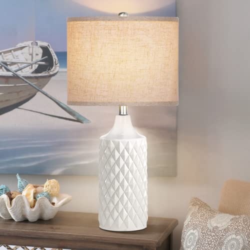 White Ceramic Table Lamps For Bedrooms Set Of 2, Coastal Ceramic Bedside Lamps For Living Room End Table 3-Color Temperature Farmhouse Bedroom Nightstand Lamps With Lampshades, Led Bulbs Included #TOP3