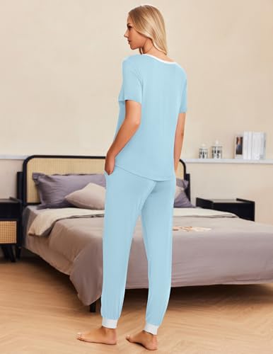 Image of Ekouaer Pajamas for Women Set 2 Piece Fall Lounge Sets Short Sleeve Pjs Joggers Long Pants Sleepwear with Pockets