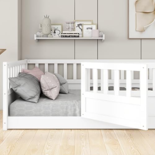 Twin Size Floor Bed, Integral Construction with Super High Security Barrier, Door, Children's Floor Bed Frame, Montessori Wooden Children's Floor Bed, White