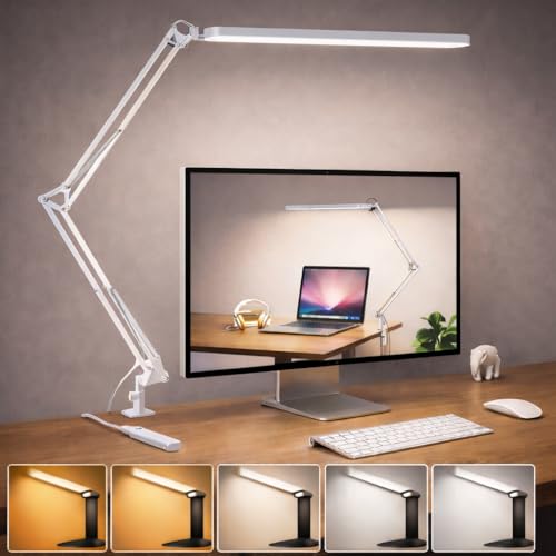 PRIME ESSENTIALS® Lampara Escritorio I Flexo LED | 110Cm 5 Modos de Color 12W | Función de Memoria I 11 Niveles de Brillo 1300 LM | Para Oficina Estudiar Salon | Candeeiro de Mesa I Color Blanco.